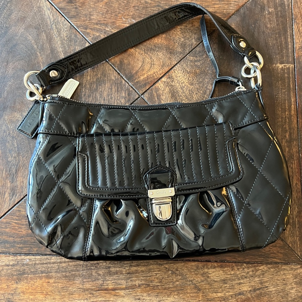 Coach Black Quilted Shoulder Bag, hot pink inside